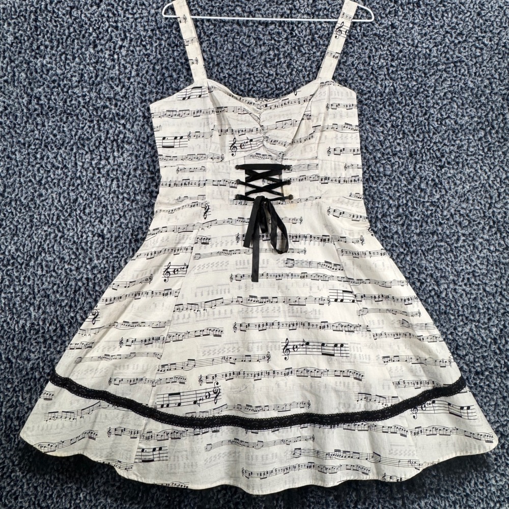 Hot Topic Sheet Music Print Corset Dress White Black Lace Tulle LG